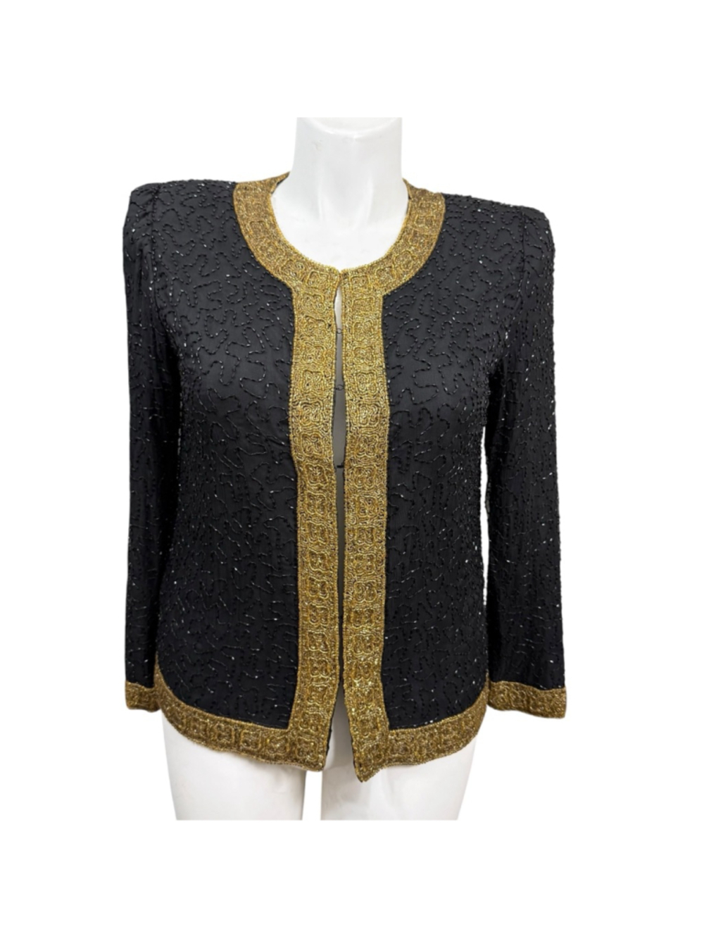 Vintage‎ Laurence Kazar Black Silk Beaded Jacket Gold Trim Evening Top PM
